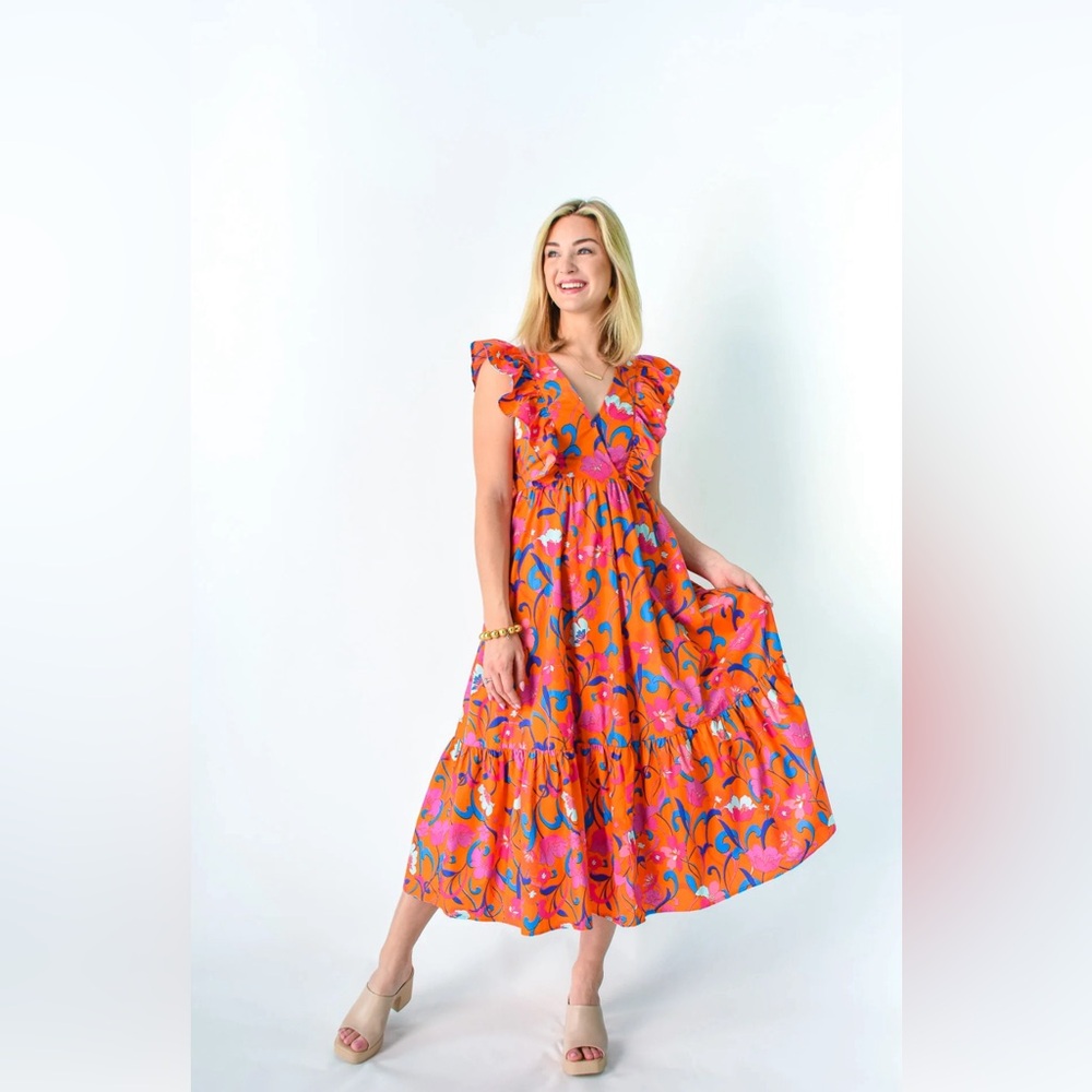 Beautiful -MIDI orange multi color floral poplin dress! Size large like NEW